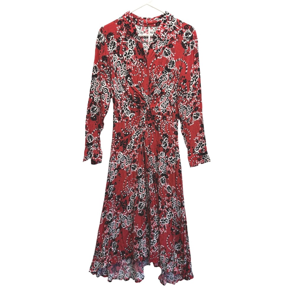 Free People Tough Love Twisted Front Long Sleeve Midi Shirt Dress Sz 6 Red Boho‎